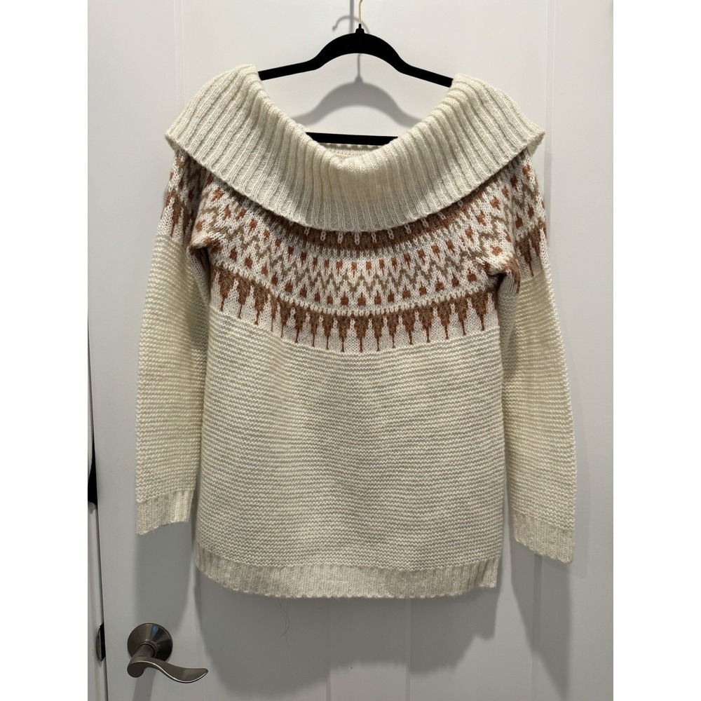 Maurices Women Sz M Fair Isle Nordic Off Shoulder Loose Sweater Ivory Cardigan